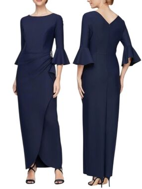 Alex Evenings Side Ruched Embellished Bell Sleeve Maxi Dress Full Length Gown